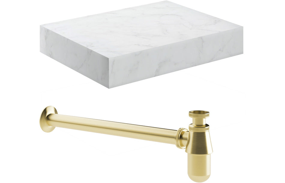 Opulent Stutely 600mm Wall Hung White Marble Basin Shelf and Brushed Brass Bottle Trap (OBC106959)