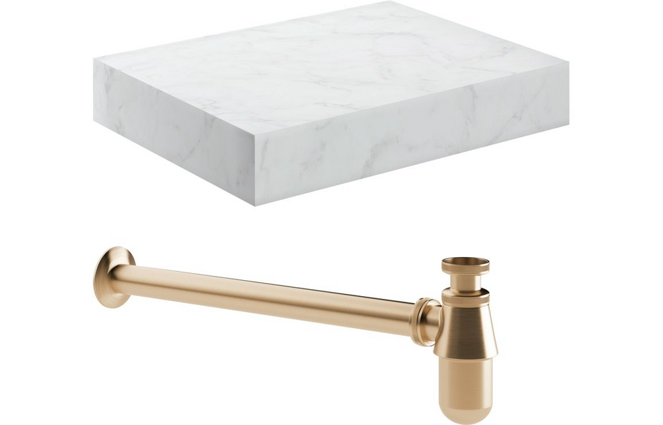 Opulent Stutely 600mm Wall Hung White Marble Basin Shelf and Brushed Bronze Bottle Trap (OBC108910)