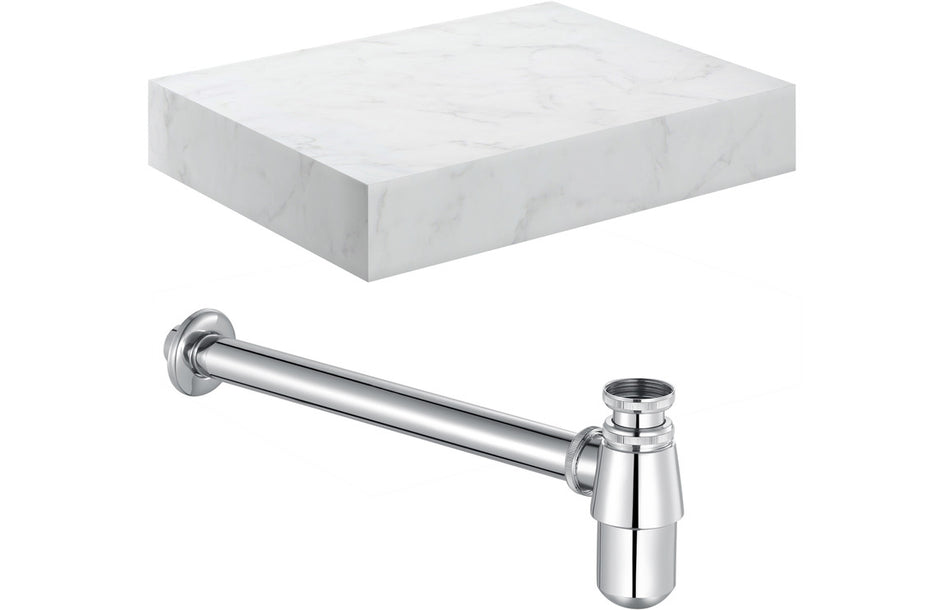 Opulent Stutely 600mm Wall Hung White Marble Basin Shelf and Chrome Bottle Trap (OBC106957)