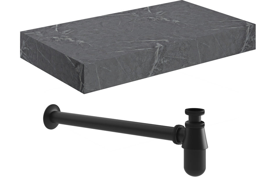 Opulent Stutely 800mm Wall Hung Grey Marble Basin Shelf and Black Bottle Trap (OBC106948)