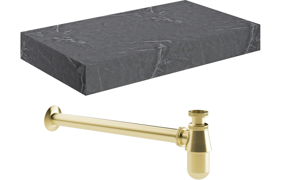 Opulent Stutely 800mm Wall Hung Grey Marble Basin Shelf and Brushed Brass Bottle Trap (OBC106949)
