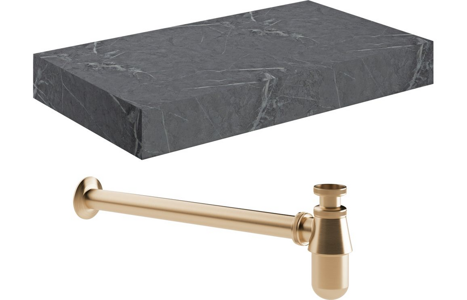 Opulent Stutely 800mm Wall Hung Grey Marble Basin Shelf and Brushed Bronze Bottle Trap (OBC108909)