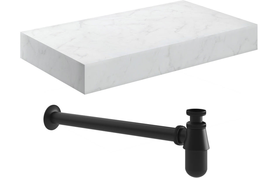 Opulent Stutely 800mm Wall Hung White Marble Basin Shelf and Black Bottle Trap (OBC106962)