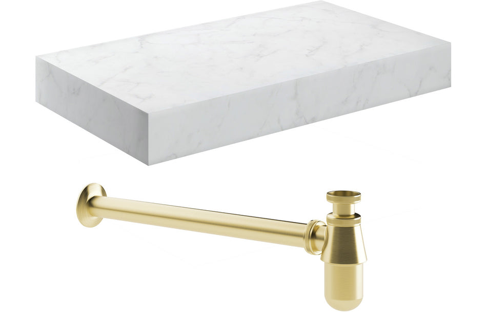 Opulent Stutely 800mm Wall Hung White Marble Basin Shelf and Brushed Brass Bottle Trap (OBC106963)