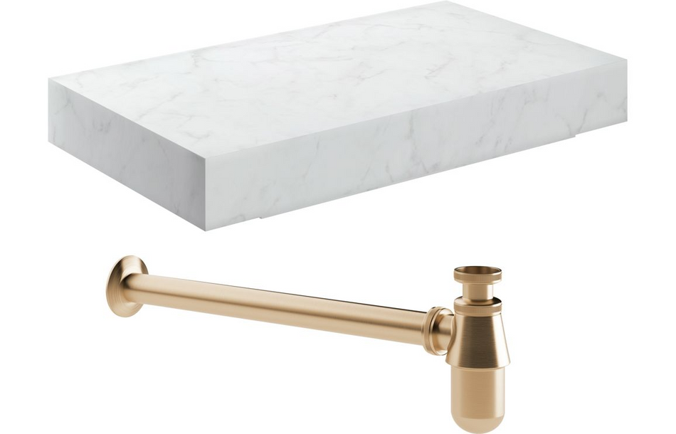 Opulent Stutely 800mm Wall Hung White Marble Basin Shelf and Brushed Bronze Bottle Trap (OBC108911)