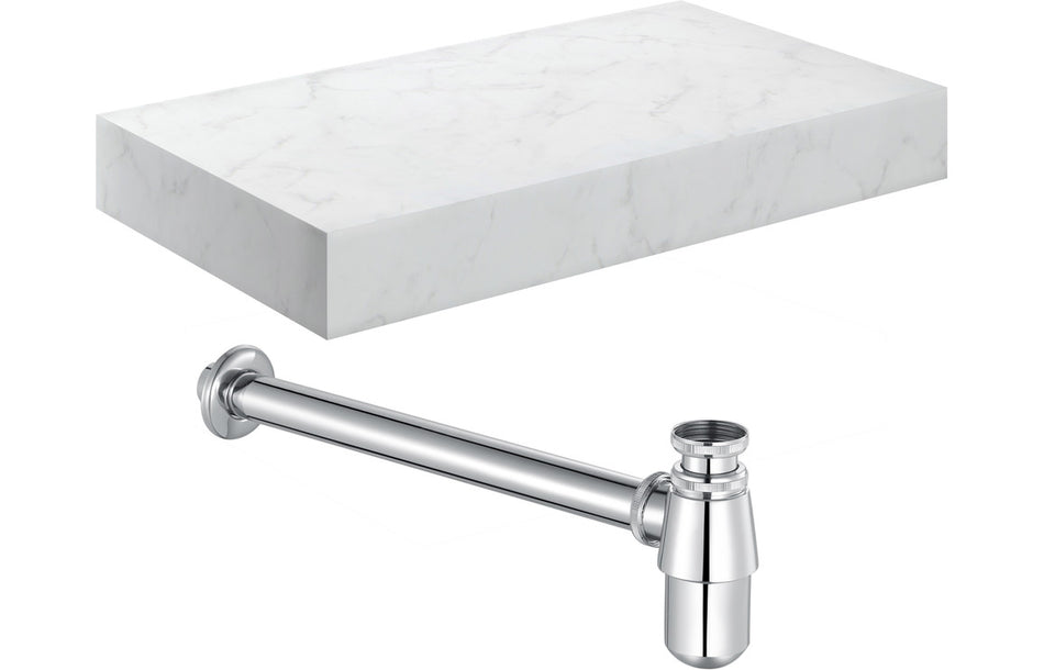 Opulent Stutely 800mm Wall Hung White Marble Basin Shelf and Chrome Bottle Trap (OBC106961)
