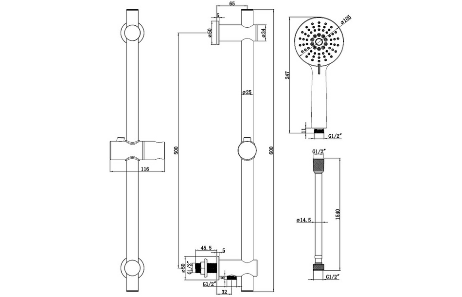 Opulent Sully Round Riser Rail Kit with Elbow and 3 Mode Handset - Brushed Brass (OBC111564)