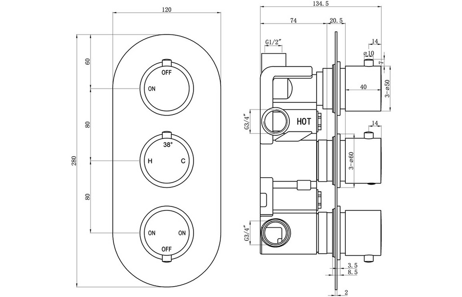 Opulent Sully Thermostatic Three Outlet Triple Shower Valve - Chrome (OBC105843)