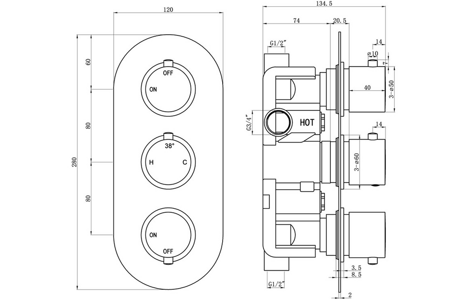 Opulent Sully Thermostatic Two Outlet Triple Shower Valve - Brushed Bronze (OBC116240)