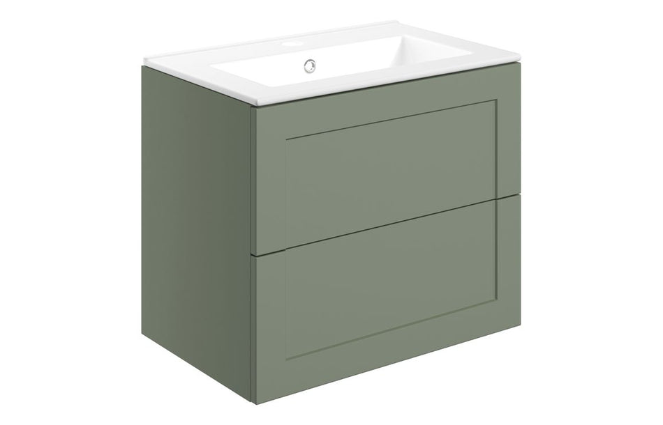 Opulent Warwick 615mm Wall Hung 2 Drawer Basin Unit and Basin - Matt Reed Green (OBC108518)