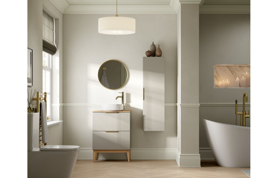 Opulent York 610mm Floor Standing 2 Drawer Basin Unit and Maple Oak Effect Worktop - Matt Oat (OBC108503)